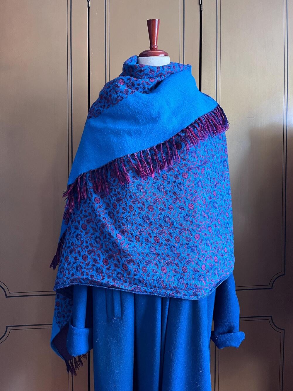 Vintage boho shawl with fringes and flowers in teal and maroon